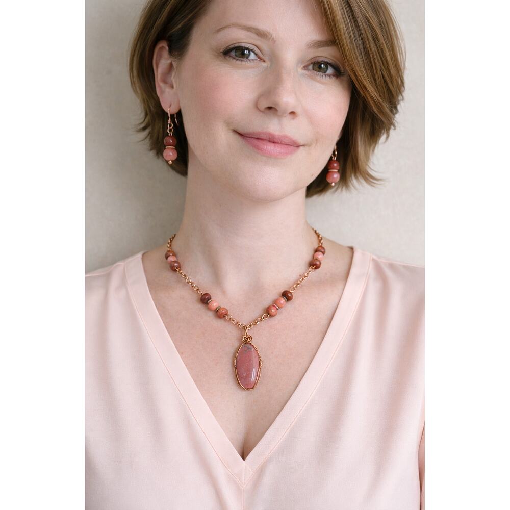 Red Jasper Agate 20" Necklace & Earring set 2" oval cabochon deep rose color